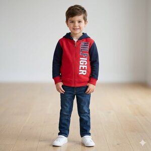 Tommy Hilfiger Boys Full Zip Hoodie Size 5 Red Navy Color block HILFIGER Graphic